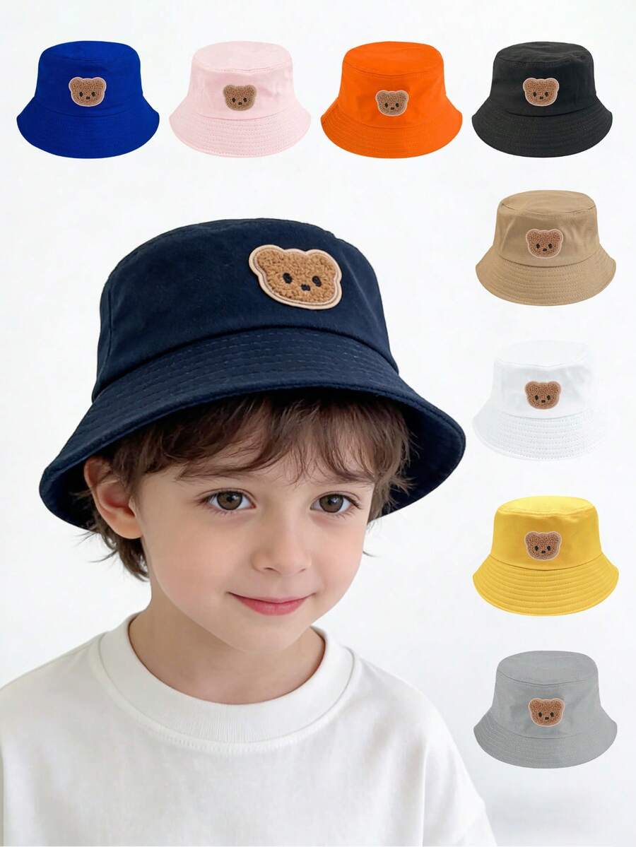 1pc Kids Cute Bear Pattern Breathable Bucket Hat, Adjustable Inner Band, Solid Color Fisherman Hat For Spring/Summer, Suitable For Casual, Outdoor, Travel, All Seasons - 1PC - View 1