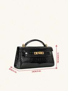 1 件时尚百搭纯色 PU 皮革手提包，女士新款鳄鱼纹压花高端托特单肩斜挎包 - 黑色 - 查看 6