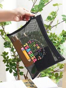 1个花卉“教师”图案网眼化妆包 - 拉链旅行收纳袋，多功能化妆包，收纳整理包，便携式化妆品收纳袋，珠宝配件收纳袋，是返校、生日、节日、教师节的理想礼物，创意教师礼品洗漱包，护肤包，洗漱旅行包，女士度假必备旅行包，大容量旅行包 - 彩色 - 查看 5