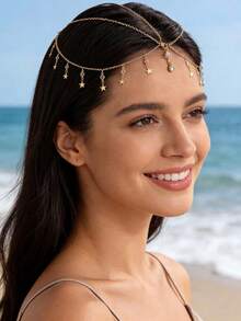 imoli 1pc Minimalist Alloy Star Tassel Chain Head Chain Piece, Female Accessory Gift For Formal Events (Handmade, Custom Length, Varying Number Of Disc Beads), Bride To Be, Hair Accessories For Women - 26336-2-g - View 4