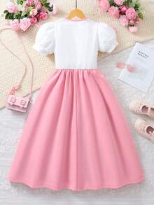 Vestido de princesa estilo palacio francés de verano para niñas, con mangas cortas de pétalos, cuello redondo, calado, vestido con volantes 3D en el bajo - Rosa - Ver 5