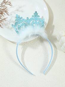 1pc Minimalist Light Blue Glitter Crown & White Faux Fur Party Headband, Popular Photo Prop - Baby Blue - View 2