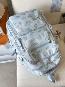 1pc Lightweight Blue Graffiti Letter Print Nylon Multi-Compartment Backpack, Zipper Closure, Suitable For Students And Commuting, All Seasons - Blue - View 8
