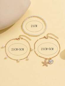 3pcs Elegant Vacation Style Zinc Alloy Drip Oil Textured Starfish & Seashell Faux Pearl Anklets, Suitable For Women's Daily And Summer Beach Outfits - Gold - View 2