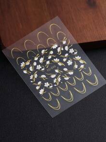 春夏白色雏菊美甲贴纸，法式风格，白色花瓣，金色线条，闪粉自粘塑料美甲贴花，半哑光，一次性使用，不规则形状，适用于玻璃表面装饰美甲用品 - 彩色 - 查看 8