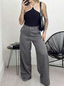 Premium Tailored Wide Leg Trousers - Grey - View 7