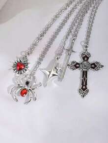Y2K复古哥特朋克摇滚风红心宝石玫瑰十字心红宝石蜘蛛剑吊坠项链不锈钢链个性化嘻哈项链套装可叠戴，男女皆宜 - 銀色 - 查看 2