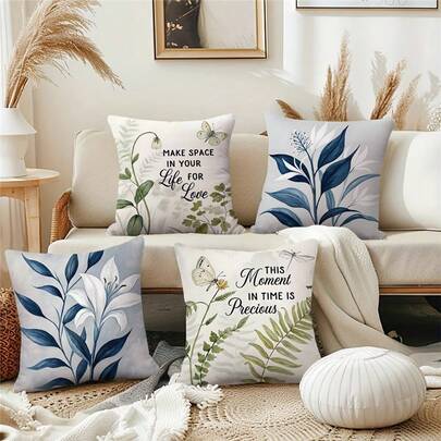 4PCS Daily Home Decorative Cushion Cover, Literary Flower And Plant Text Theme Pillowcase, 18x18inch, Blues Flower And Plant Butterfly Text Element Printed Cushion Case, Elegant Healing Style, Single-Sided Printing, For Bed Sofa Home Decor, No Pillow Core