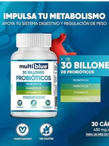 Probióticos y Prebióticos 30 Cápsulas | 30 Billones U | Lactobacillus, Acidophilus, Paracasei y Vitamina D3 | 100% Natural, Sin Gluten | 1 capsula diaria (1 mes) | Suplementos Alimenticios MULTIBLUE - Blanco - Ver 1