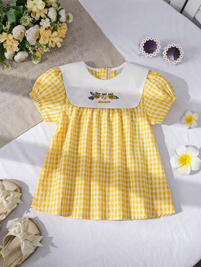 Blusa de manga corta con cuello bordado para niña, verano