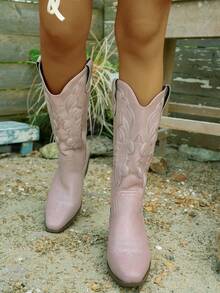 2025秋冬新款粉色圆头皮质套穿长靴，做旧西部风格，美式复古风，适合休闲外出、约会等场合，时尚靴款，粉色过膝长靴，蓝色过膝长靴，女鞋，女靴，粉色高跟鞋 - 粉色 - 查看 5