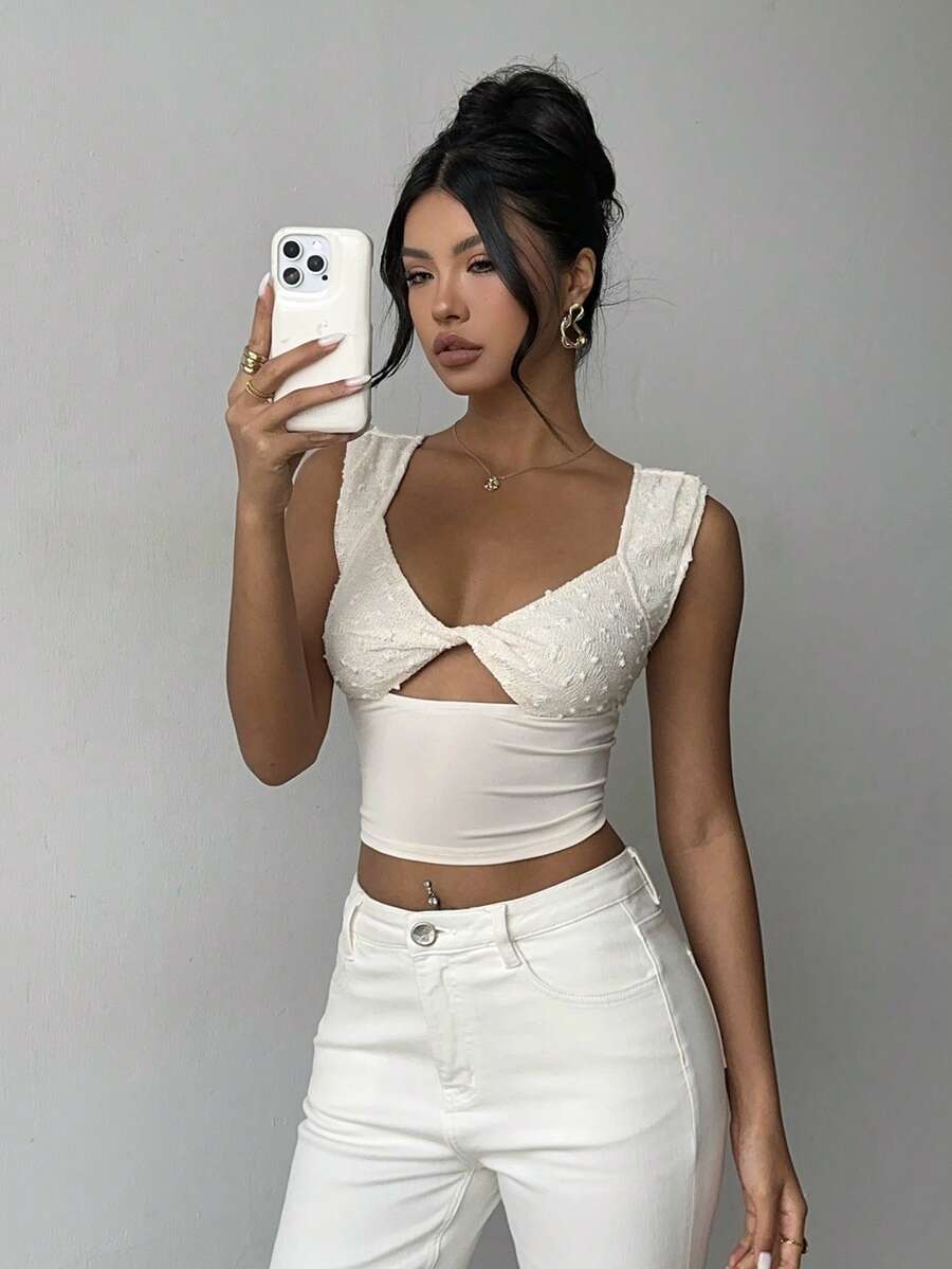 Women's Apricot New Y2K Sexy Versatile Slimming V-Neck Twist Hollow Out Backless Cropped Fitted Tank Top, Elegant Fashion, Suitable For Dates, Parties, Beach Vacations, Daily Wear, Bohemian - Apricot - View 1