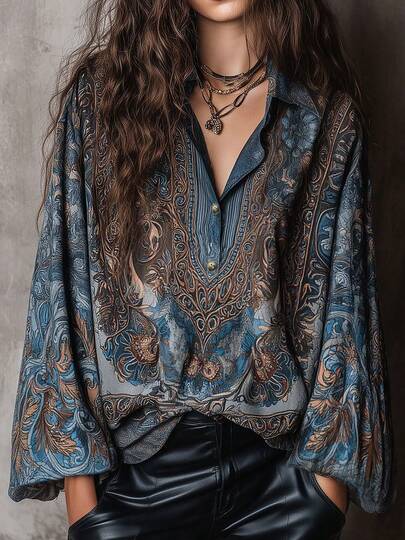 女士休闲碎花落肩长袖衬衫，百搭日常穿着，秋冬季