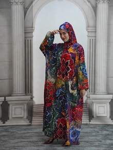 Women's Printed Hooded Long Robe, Drawstring Bishop Sleeves, Woven Non-Stretch Fabric Vacation - Multicolor - View 4