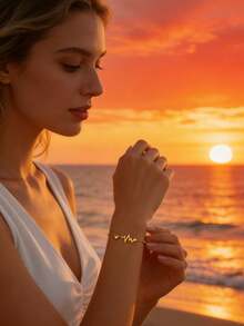 情侣饰品 时尚浪漫心跳手链，心形心跳手链，不易褪色，适合女性日常佩戴，是节日送给女友、朋友和情侣的完美礼物 - 金黃色 - 查看 3