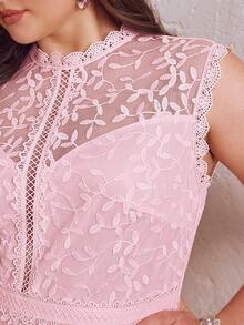 Simplee Plus Size Women's Spring/Summer New Sleeveless Mesh Embroidered Hem Splice Lace Trim Elegant Party Evening Dress, Suitable For Party, Birthday, Wedding Pink - Pink - View 3