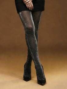 1 Pair Black Silver Thread Pantyhose, Suitable For Commuting, Dates, Displaying Confident Charm, Festive Outfits, Women's Clothing, Spring To Summer - Black - View 8