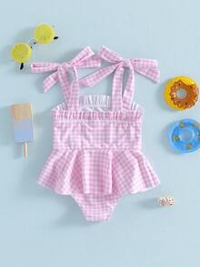 Traje de baño de rayas para niña pequeña, bonito traje de baño sin mangas con estampado de velero de verano - Rosa - Ver 2