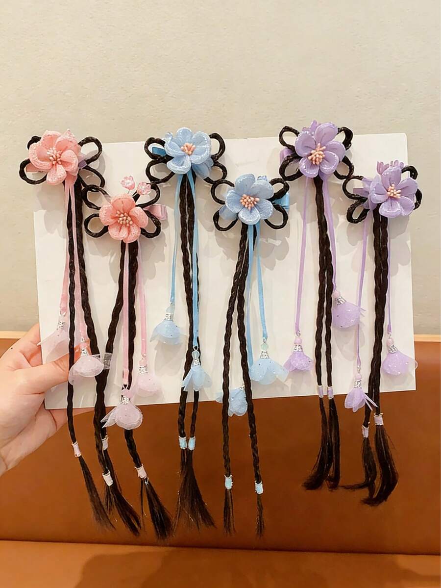 Set de 2 pinzas para el cabello con flores de tela y borlas, estilo chino antiguo para cabeza, para Año Nuevo, baile - Multicolor - Ver 1