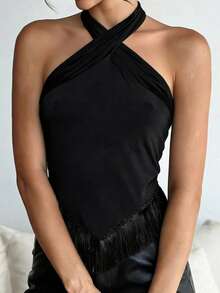 Women Halter Tank Tops Summer Tassel Hem Backless Sleeveless Shirts For Streetwear Aesthetic Grunge Clothes - 黑色 - 查看 2