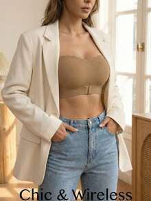 Chic Mocha Ribbed Strapless Bandeau Bra | Front Buckle Push Up Scalloped Trim Invisible Bra For Off-Shoulder Outfits, Scalloped Trim Strapless Bandeau Bra | Mocha Ribbed Front Buckle Push Up Invisible Bra For Chic Outfits Spring - Brown - View 6