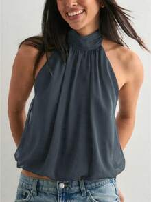 Women Cute Puffy Halterneck Top Sleeveless Open Back Tank Tops Fashion Button Neck Crop Tops Summer Y2K Loose Vest For Club Party Streetwear Going Out Outfit - 藏青色 - 查看 2