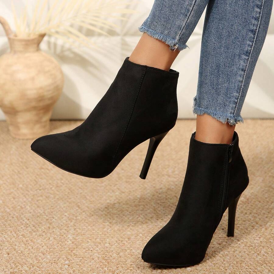 New Arrival Women's Fashionable Elegant Pointed Toe Suede Ankle Boots With Thin Heels,Style With Jeans - 黑色 - 查看 1