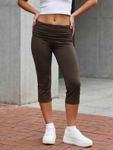 Women Y2k Summer Slim Fit Capri Pants Stylish Elastic Midi Waist 3/4 Length Pants Fashionable Solid Color Fold Over Cropped Pants For Casual Daily Streetwear - 深棕 - 查看 3