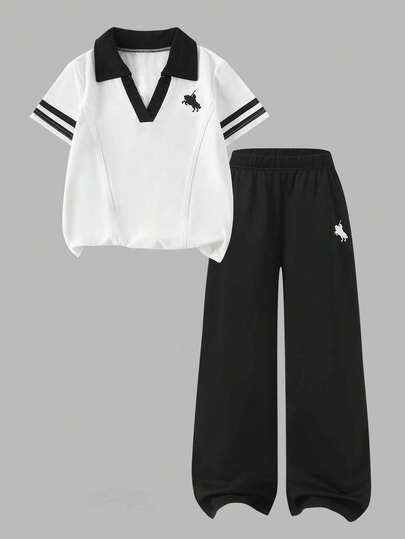 2件套女童时尚黑白撞色V领短袖上衣和宽松阔腿裤休闲套装，夏季