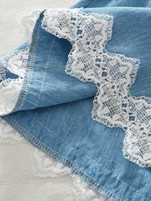 Summer Light Blue Girls 2 Pieces Set, Denim Effect Vest And Lace Trim Pants, Casual Outfit - Blue - View 6