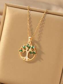 1pc Women's Green Turquoise Tree Of Life Pendant Necklace, Green Zirconia Inlaid, Symbolizing Eternal Life, Suitable Gift For Mom, Girlfriend, Valentine's Day, Birthday - Yellow Gold - View 5