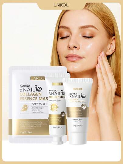 1 Set Mejora la finalización general Juego de cuidado de la piel revitalizante de caracol LAIKOU Korea, Máscara de oro de 24k con esencia de caracol 50g y Gel limpiador de esencia de caracol de Corea 50g y Máscara de esencia de colágeno de caracol de Corea 25g*1 pieza, Cajas de regalo de cuidado de la piel de reparación profunda Anti-envejecimiento, Bolsa de regalo de cuidado de la piel para mujeres y niñas, Día de la Madre, Cuidado facial, Maquillaje