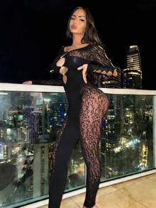 女士夏季圆领长袖镂空拼接豹纹蕾丝性感修身连体裤 - 黑色 - 查看 5