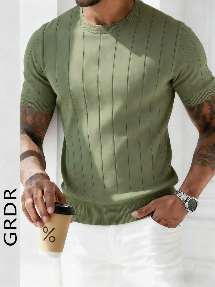 GRDR Men's Summer Ribbed Crew Neck Lightweight Knit Short Sleeve Sweater - Army Green - View 1