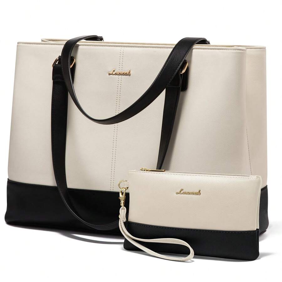 LOVEVOOK Laptop Tote Bag For Women 15.6 Inch Work Bag Leather Laptop Purse With Clutch, Large Computer Briefcase Bag For Office Business Teacher Casual - 黑白 - 查看 1
