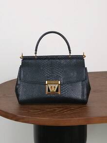 2026新款奢华女士手提包，多功能蛇纹质感托特包，配以精致锁扣设计，时尚单肩/斜挎包，带双面内袋 - 黑色 - 查看 9