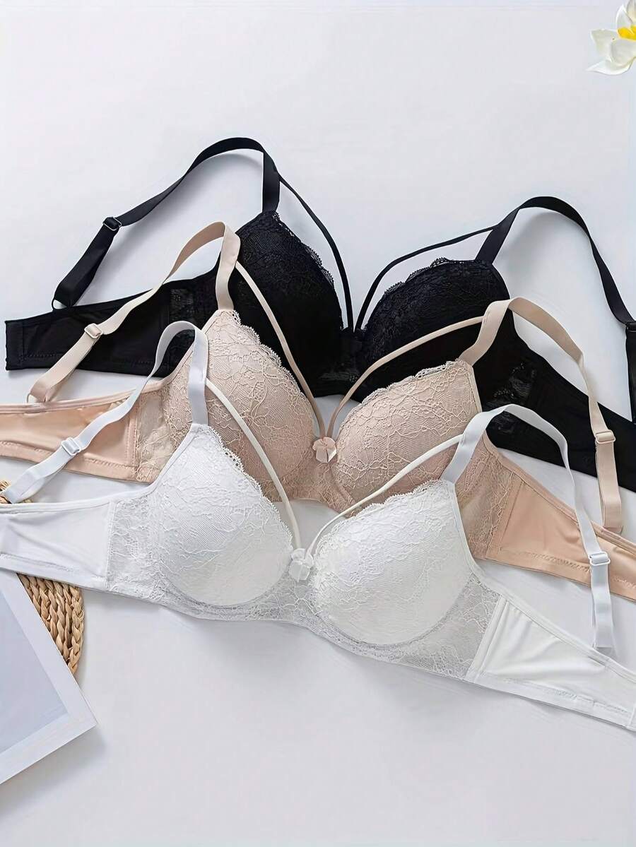 3pcs Women's Sexy Lace Lingerie Set, Adjustable Shoulder Straps, Delicate Floral Front Strap Design - Multicolor - View 1