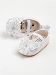 婴儿女童婚鞋蝴蝶结芭蕾舞公主玛丽珍平底鞋幼儿学步鞋新生儿婴儿床洗礼鞋 - 白色 - 查看 7
