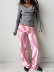 Women Low Waist Loose Fit Striped Folds Over Wide Leg Pants Lounge Home Sweatpants - 粉色 - 查看 3