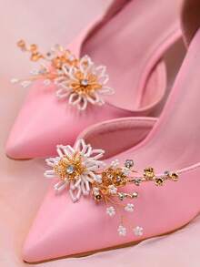 1pc Handmade Woven High Heel Shoe Decor, Pearl & Rhinestone Alloy Leaf Bride Wedding Shoe Clip HX08 - Gold - View 4