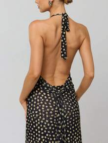 Women Ruched Polka Dot Long Dress Backless Low Cut Halter Neck Maxi Dress Dots Print Wedding Guest Party Gown - Black - View 5