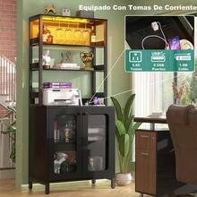 Muebles para Cocina, Gabinete para Vinos con Luces LED, Cantina Bar Mueble para Casa con Toma de Corriente, 5 Niveles Estante para Vinos y Copas, Gabinetes de Almacenamiento (Negro/Blanco) & cocina | cocina accesorios | accesorios para cocina - Negro - Ver 5