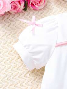 Vestido de princesa estilo palacio francés de verano para niñas, con mangas cortas de pétalos, cuello redondo, calado, vestido con volantes 3D en el bajo - Rosa - Ver 7