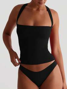 XLLAIS Women's Sexy Open Back Knit Camisole Top, Black, Elastic Casual Fitted Strapless Vest, Back To School Season - Black - View 2