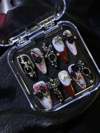 10pcs/Set Handmade Almond-Shaped Y2K Baddie Style Press-On Nails, Black, White, Red Colors With French Tips, Asymmetrical Liquid Metal Patterns, Black ROSE, Beads, Iridescent Bubbles, Star Designs, Suitable For Women & Girls, Party, Daily Wear, Includes Tool Kit, Great Gift For Her