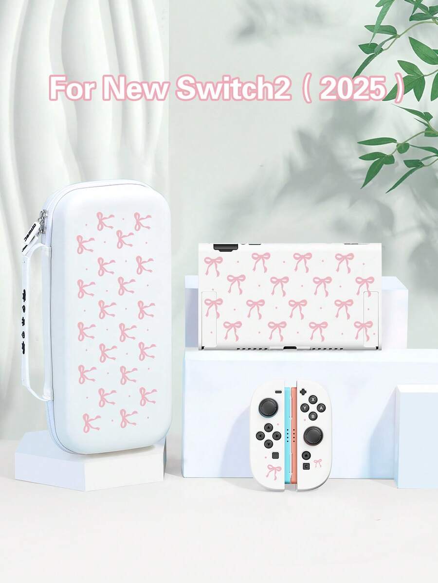 1个粉色蝴蝶结波点图案保护壳/透明闪光保护壳，兼容Switch 2/Switch NS/Switch OLED/Lite，Switch主机配件，全套包含收纳袋、卡槽底座，Switch玩家的最佳礼物 - 彩色 - 查看 1