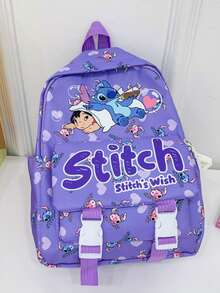 《星际宝贝》粉色时尚背包，适合女性和青少年 - 可爱天使与史迪奇印花休闲背包 - 多功能书包和旅行背包，带前置口袋 - 时尚通勤包，粉丝必备 - 彩色 - 查看 11