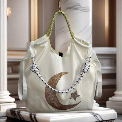 星月水钻装饰购物手提袋，大容量尼龙斜挎可折叠单肩手提包