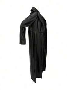 European And American Women Autumn/Winter New PU Leather Cardigan, Button Front Long Sleeve Warm Long Coat - 黑色 - 查看 4