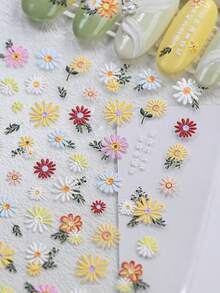 花朵美甲贴纸 - 1张5D立体浮雕，春夏雏菊图案，自粘式贴纸，适用于女士美甲DIY装饰，美甲用品 - 彩色 - 查看 2